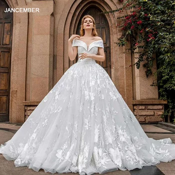 J66599 jancember bola vestido vestido de noiva com trem fora do ombro lace up de volta vestido de noiva vestido de vestido de noiva de encaje