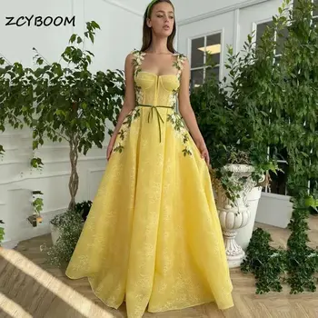 Elegante Amarelo De Uma Linha Longa De Tule Vestidos De Baile Com Decote Em V Querida Floral Apliques De Renda 2022 Mulheres Sem Mangas Noite Vestidos De Festa