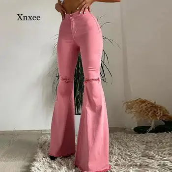 2021 Mulheres Jeans Flare Pants Buraco Decorados Cintura Alta Elegantes Calças de Mulher Nova Moda Streetwear Y2K Jeans Fundos de Roupas