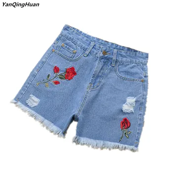 Yan Qing Huan 2018 Verão Shorts Jeans de Cintura Alta da Rosa das Mulheres, Bordado de Flores Harajuku Sexy Buraco de Borla Shorts de Algodão de