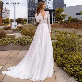 Smileven Chiffon Lace Boêmio Vestido de Noiva Cheio de Pescoço V Profundo Laço de Vestidos de Noiva vestido de noiva 2020 sem encosto Vestidos de Casamento
