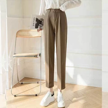 2021 Mulheres Primavera Verão Vintage Suit Harém Calça Feminina Slim Botão Bolso De Calças Senhora Elástico De Cintura Alta Slim Sólido Calça D633