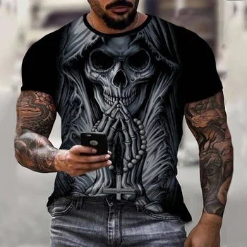 Horror Crânio Tshirt Tatuagem de Impressão 3D Verão Homens T-shirt de Manga Curta Personalidade Horror Streetwear O pescoço de Mens Vestuário de Topo