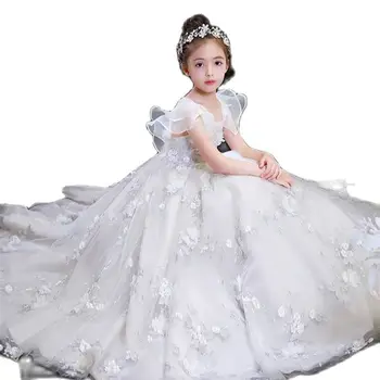 Branco Marfim de Uma Linha Vestido da Menina de Flor para o Casamento, Babados, Apliques de Crianças de Aniversário Vestido de Princesa Concurso de Vestidos de Fotografia