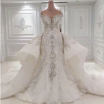 Luxo Real Beaded Vestido De Noiva Sereia Destacável Dubai Árabe Brilhante Cristais De Diamantes Vestidos De Noiva Vestidos De Noiva Quente