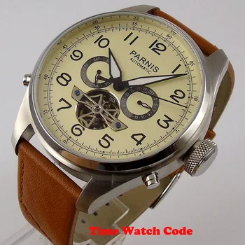 48mm PARNIS Automática Volante Relógio masculino Bege dial indicador de data da semana de exibição preto marcas de mãos luminosas algarismos arábicos,