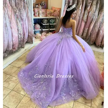 Lilás Beading Cristal Espartilho Mexicano Vestido Quinceanera Ball Gown Sweetheart sem Mangas Apliques de Rendas Vestidos De XV Anos