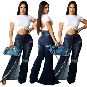 Azul Jeans Rasgados Mulheres De Outono, Moda Slim Cintura Alta Borla Bell Bottom Jeans Senhora Sexy Joelho Buraco Dividir Flare Pants Streetwear