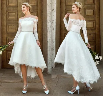 Alta Baixa Cristal Folha de Noiva Vestidos de Noiva 2021 Ombro Fora do Laço de Vestidos de Noiva Boho Vestidos Noiva Robe De Mariée