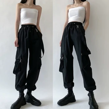 Mulheres Da Moda Harajuku Calças Cargo Preto Alça Destacável Calças Femininas Cintura Elástica Streetwear Calça Casual Calças