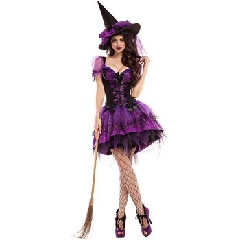 XL-S Halloween Traje da Bruxa Para Mulheres, Adulto, Sexy Roxo Engolir Cauda Chaves Vestido Chapéu de Festa de Carnaval Feminina do Terno