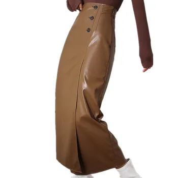 Nova chegada do outono, inverno moda pu couro saia irregular mulheres cintura alta a linha slim pacote de quadril, a saia longa