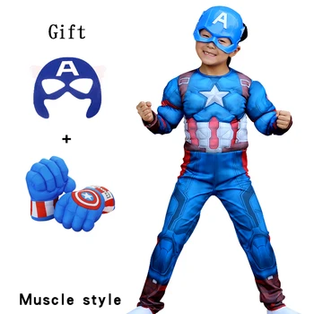 Vingadores da Marvel Traje de super-Herói Crianças Muscular Crianças Trajes Capitão América Cosplay Máscara, Macacão Punho de Luvas e máscaras para Olhos