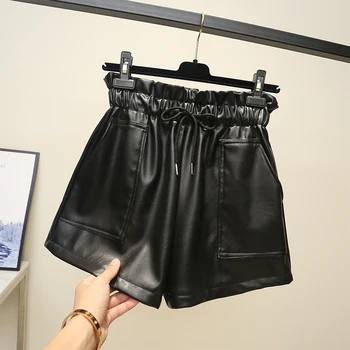 2021 Nova Marca do Elástico Cintura Alta Oversized PU Shorts de Couro Casual Calças Curtas de Mulheres Plus Size Shorts Preto Pantalons
