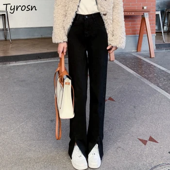Mulheres Pretas Do Denim Jeans Cintura Alta Com Zíper Calças De Fenda De Estilo Coreano Elegante Moda Ulzzang Hipsters Streetwear Simples E Básica