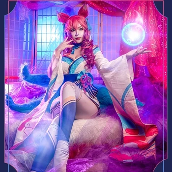 Espírito de Flor de Ahri Jogo LOL Cosplay Traje Quimono Japonês de Anime Vestido Lolita Ahri Cosplay Adereços Fox Cocar Meias Conjunto