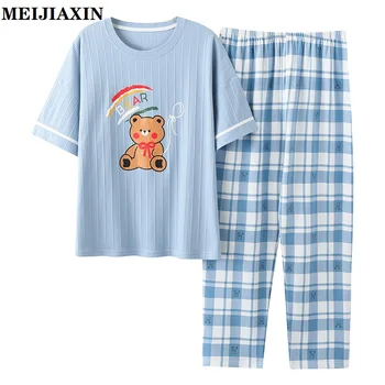 Verão Malha de Algodão Mulheres Conjunto de Pijama de Manga Curta Pijamas Bonito dos desenhos animados Pijamas Solto, Macio M-5XL Feminino Casa de Vestuário