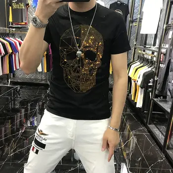 Os homens Europeus de Algodão 100% T-shirt de Verão Quente do cristal de rocha do Crânio Slim Confortável S-Neck Manga Curta Negócio de Roupas