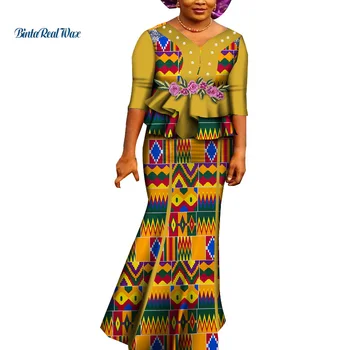 Parte 2 Conjuntos de Saia das Mulheres Africanas Roupas de Camada Dupla em Tops e Saia Define o Ribombar de Festa de Impressão Mulheres Bazin Africana Roupas WY7485