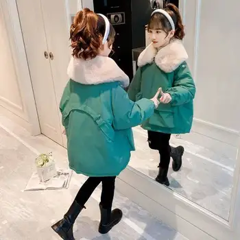 2022 Outono Inverno Engrossar Meninas Casacos de Algodão Nova Quentes Grande Gola de Pele de Moda Casual Solta Jaquetas de Meninas de 5 a 12 Anos de Idade