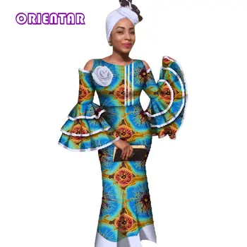 Tradicional africana Roupas de Primavera Mulheres Maxi Vestido Longo Flare Manga Chão Trumpet Vestido para as Mulheres com Lenço WY2779