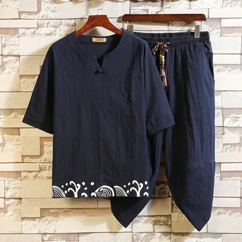 Estilo japonês Conjunto de Roupas de Kimono Top Cropped Pants Roupa de Verão Samurai Homem T-shirt, Calças PLUS SIZE Harajuku Chinês Terno