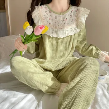 Outono Retro Verde Pijama Doce Laço Simples Fio de Algodão Homewear das Mulheres Confortável e Casual manga Longa Pijamas Terno D574
