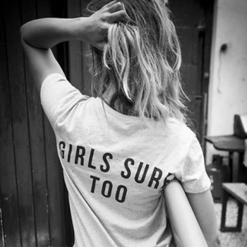 Mulheres Tumblr Tee Gráfico De Verão, Moda Casual Manga Curta Branco Tops Meninas Do Surf Também De Volta Impresso Feminismo T-Shirt