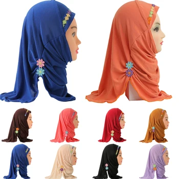 Crianças muçulmanas Meninas Hijab Islâmica Árabe Amira Escola Headwear Underscarf Lenço Envoltório Turbante Oriente Médio Flor Headwear Cap 2-6Y