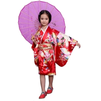 Kimono japonês Meninas Imitação de Seda Peacock Impresso Yukata Roupa Vestir as Crianças Mascote do Traje Tradicional para o Bebê Meninas