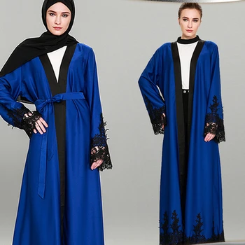 Muçulmano Roupas para Mulheres Abaya Novo Azul Escuro Longo Lace Punho Solto Maxi Cardigan Verão Islâmico Noite de Moda Festa de Roupas