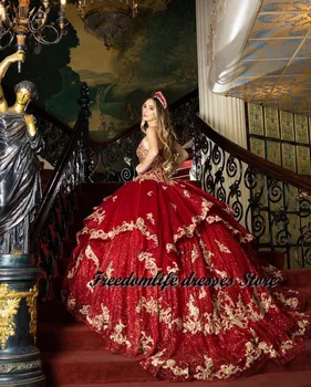Cara&Alan Brilhante Vermelho Vestidos de Quinceanera Apliques de Renda com Paetês Sweet 16 Mexicano Meninas sem encosto vestidos de XV anos