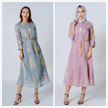 AB006 cor-de-Rosa as Mulheres Elegantes Maxi Vestidos Com Cinto Feminino Marroquino Veste Roupas 2021 Flor Bordado Muçulmano Dubai Diário Hijab