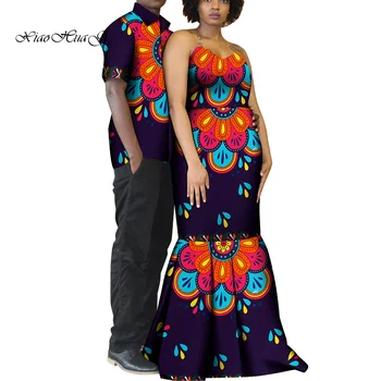 2 PCS Africana Roupas para Casais Bazin Riche Africana de Impressão Camisa de Homens e Mulheres de Vestido Africano Algumas Roupas WYQ782
