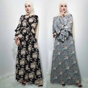 Verão Muçulmano Vestidos Novos 3-camada de Trombeta Manga de Impressão de Tamanho Mais Longo Abaya Muçulmano Moda turca Oriente Médio Vestido