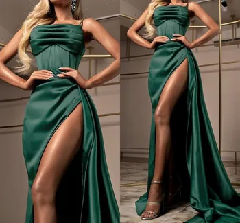 Sexy Verde Escuro Vestido De Noite Comprido 2022 Cintas De Espaguete Cetim Ruched Divisão De Baile Vestido Formal Vestidos Robe De Sarau