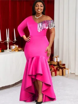 Africana Sereia Vestido De Mulher De Um Ombro Com Borla De Roupões De Moda De Nova Sólido Plissado Emenda Sexy Elegante Longo Africana Maxi Dress