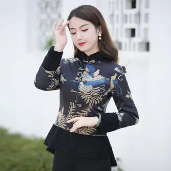 Roupa tradicional Chinesa Mulheres Tang Traje Tops De 2022 no Inverno de Algodão Estampas de Emenda Espessamento Hanfu Skinny, Camisas de Mulher
