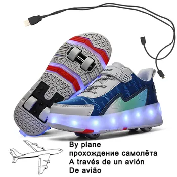 Tamanho 29-43 Luminosa Rodas de Tênis de Crianças Meninos USB Cobrado Crescente LED Rolo de Sapatos de Skate para Crianças Meninas Quatro Rodas Sapatos