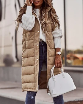 Sem mangas Bolso Design de Botão com Capuz Gilet Puffer Jaqueta Colete Casual top coat outono inverno nova moda das mulheres de roupas de vestuário