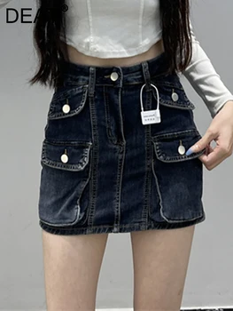 DEAT Moda feminina Jeans Curto com Saia de Cintura Alta Botão Estereoscópico Bolsos Cor Sólida Saias Primavera 2023 Tendência Nova 17A5753