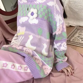 Kawaii Doce Japonês Casual Camisola Y2k Harajuku Bonito Pato Solto O Top com decote Outono coreano Estilo Preppy Mulheres Blusas de Malha