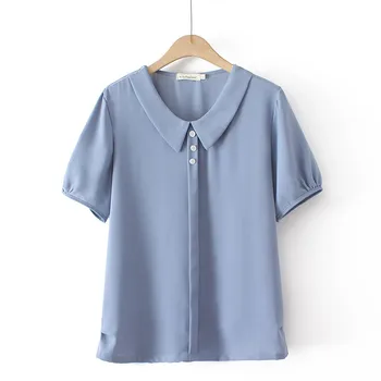 Marca Verão Elegante Camisa De Manga Curta Senhoras Tops Lapela Blusa Office Sólido Trabalho Blusas Camisa De Chiffon Womens Camisas
