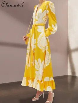Fada Vestidos de Mulher Alta e Elegante Amarelo Impressões Vestido de Início do Outono, o Novo High-end da Luz de Luxo Big Long Bainha Vestidos