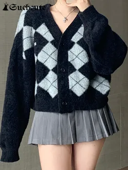 SUCHCUTE Vintage Mauricinho Estilo Argyle de Impressão Blusas e Casacos de lã coreano Moda V Pescoço comprido Outwears Womwn Outono, Inverno