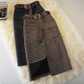 De lã xadrez da saia de mulheres de outono e inverno novo cintura alta bolso de divisão de comprimento médio de um passo a saia de uma linha de
