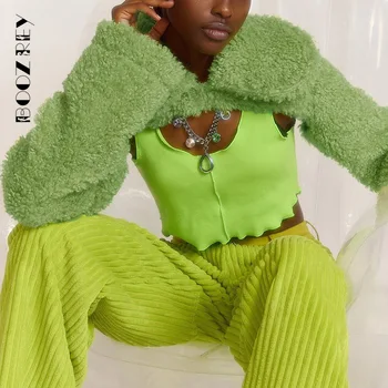 BoozRey Inverno Nova opção de Lazer Cordeiro Blusa de Lã Casaco Mulheres Solta Cor Sólida Moda de Rua Y2K Outerwear Meninas Verde Curta Jaqueta