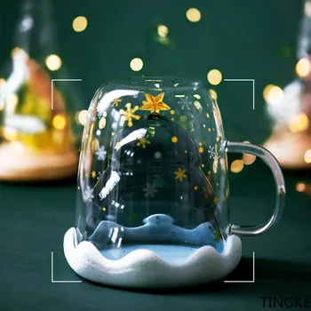 Árvore de natal de Star Cup Xícara de Café de Leite de Copo do Suco Criativo 3D Transparente Duplo Anti-Queimadura de Vidro para Crianças, Presente de Natal