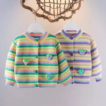 Para crianças, Roupas de Bebê Meninas Camisola de Malha Cardigan Casaco de Bebé Agasalho Jaqueta de Meninas' Casaquinho de arco-íris Faixa Outwear