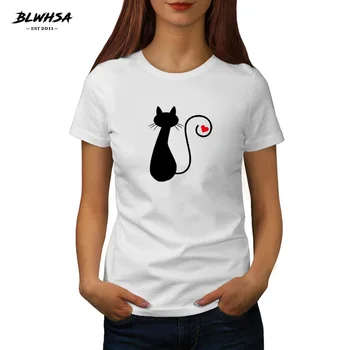 BLWHSA Preto gosta de Gatos de T-shirts para Mulheres Adorável dos desenhos animados Bonitos 100% Algodão Feminina T-Shirt da Marca Verão Respirável Superior e tee